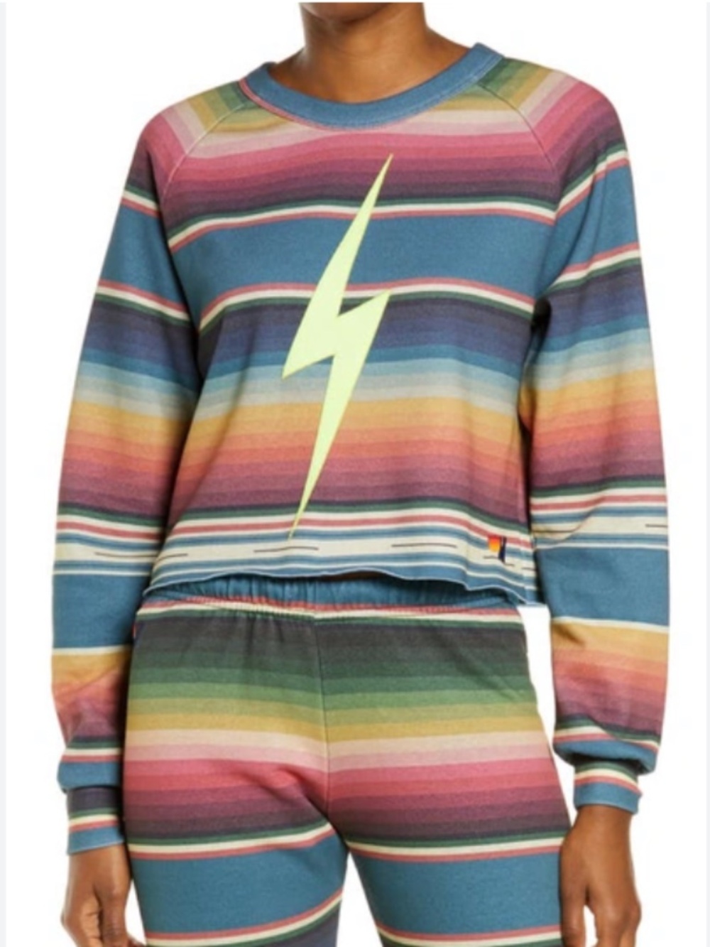 Aviator Nation Rainbow Stripe Lightning Bolt Cropped Sweatshirt L